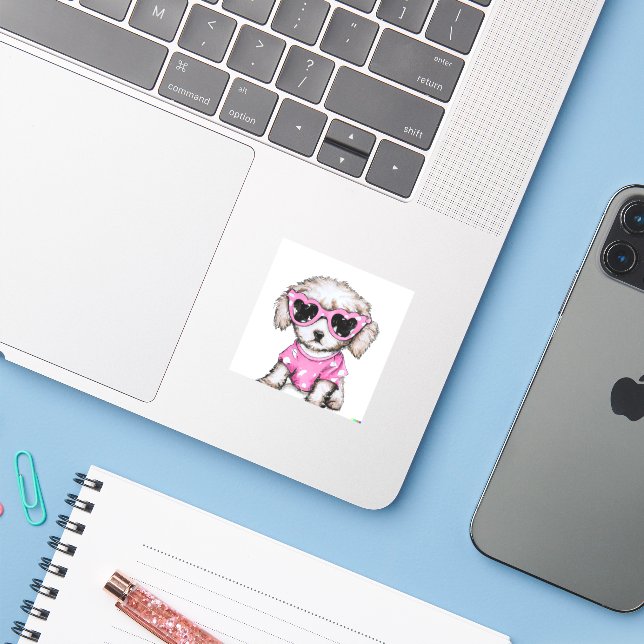 Cute Poodle puppy wearing pink glasses sticker (Laptop w/ iPhone)