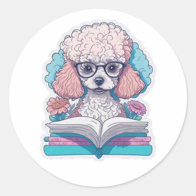 Cute Poodle Reading A Book Classic Round Sticker (Front)
