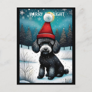 Cute Poodle Snowy Meadow Santa Puppy Christmas Postcard