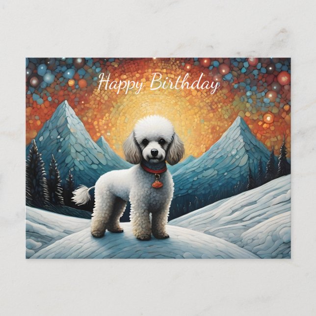 Cute Poodle Snowy Mountain Happy Birthday Postcard (Front)
