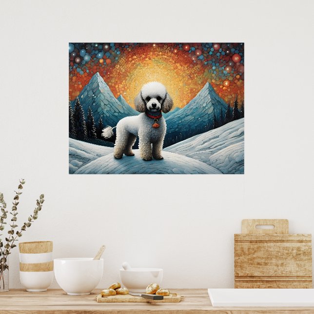 Cute Poodle Snowy Mountain Happy Birthday Poster (Kitchen)