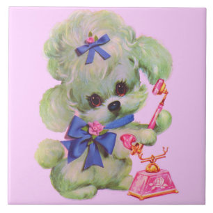 cute poodle with pink telephone tile