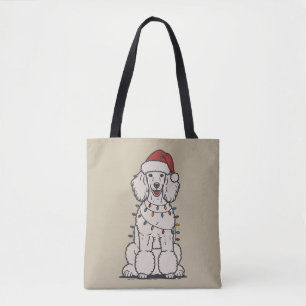 Cute Poodle Wrapped in Christmas Lights Holiday Tote Bag
