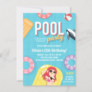 Cute Pool Party Birthday Invitation   Blue Purple