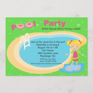 Cute Pool Party Girls Birthday Invitation