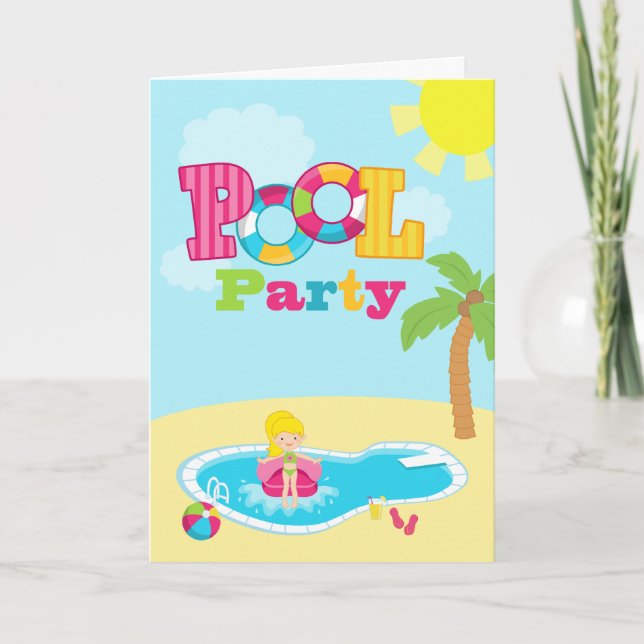 Cute pool party girls birthday party card invite (Front)