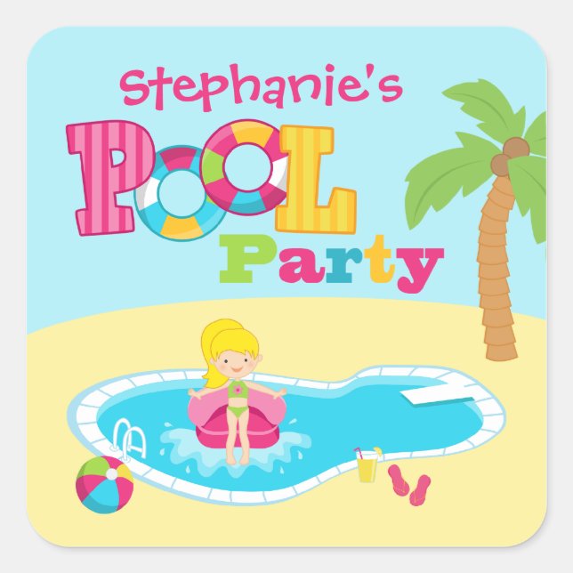 Cute pool party girls birthday party stickers (Front)