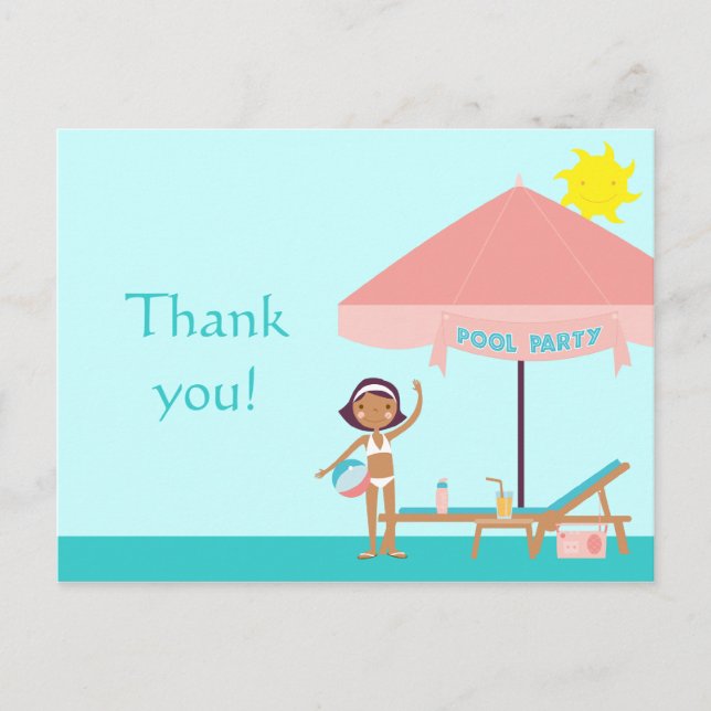 Cute pool party girl's thank you postcard (Front)