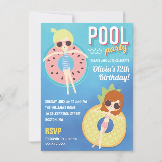 Cute Pool Party Watercolor | Girl Birthday Invitation (Front)