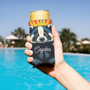 Cute Pop Art Badger Personalised Seltzer Can Cooler