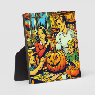 Cute Pop Art Family Carving Halloween Pumpkins Plaque
