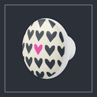 Cute Pop Art Hearts in Mod Dark Grey and Hot Pink Ceramic Knob