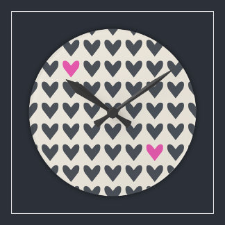 Cute Pop Art Hearts in Mod Dark Grey and Hot Pink Round Clock