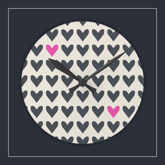 Cute Pop Art Hearts in Mod Dark Grey and Hot Pink Round Clock (Creator Uploaded)
