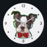 Cute Pop Art Hipster Boston Terrier Dog Large Clock<br><div class="desc">A cute Boston Terrier pup wears red glasses and a red bow tie at the centre of this clock. A gradient green and blue border gives him a retro pop art look. The black numbers and paw print markers on the white background make the clock easy to read.</div>