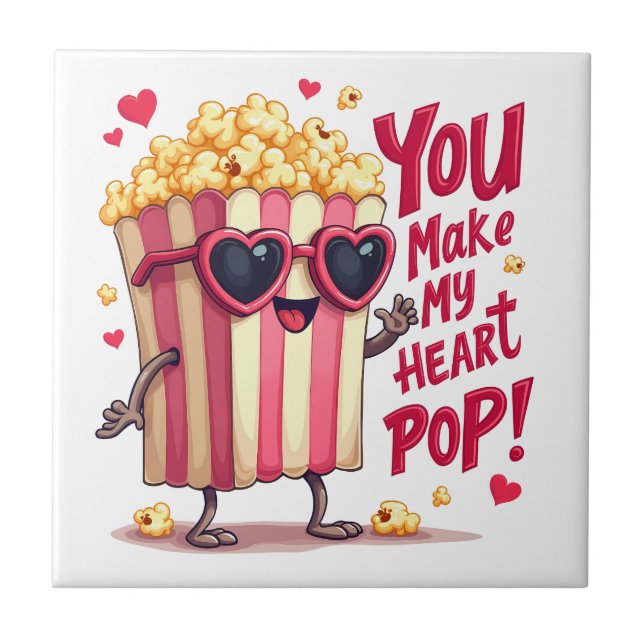 Cute Popcorn Valentine You Make My Heart Pop! Tile (Front)