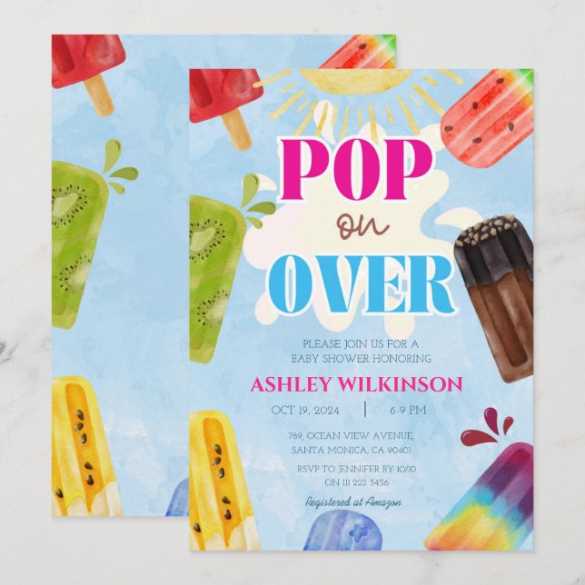 Cute Popsicle Pop on Over Summer Coed Baby Shower Invitation (Front/Back)