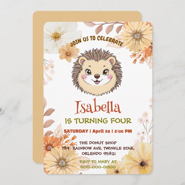Cute porcupine animal flower cartoon Birthday Invitation (Front/Back)