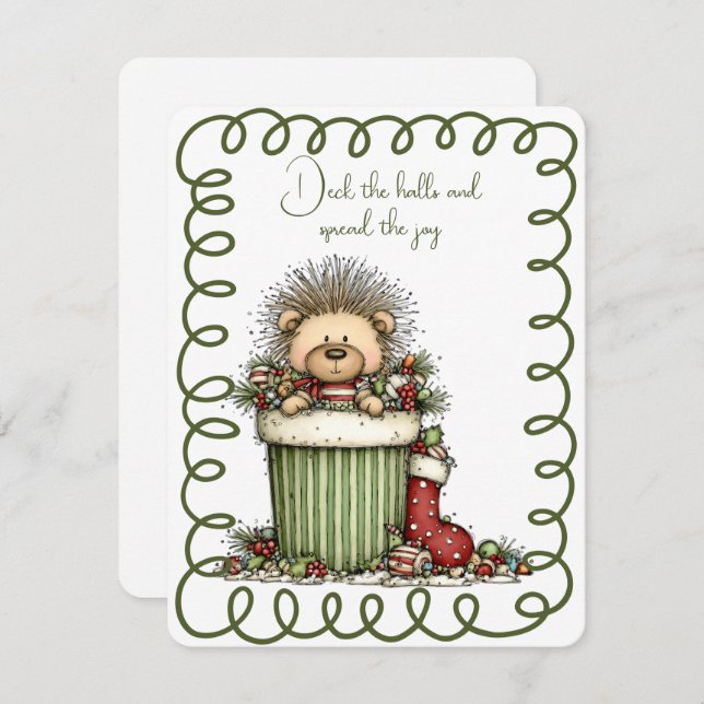 Cute Porcupine In a Box of Decorations Holiday Card (Front/Back)