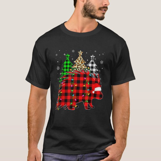 Cute Porcupine Santa Hat Christmas Tree Lights Xma T-Shirt (Front)