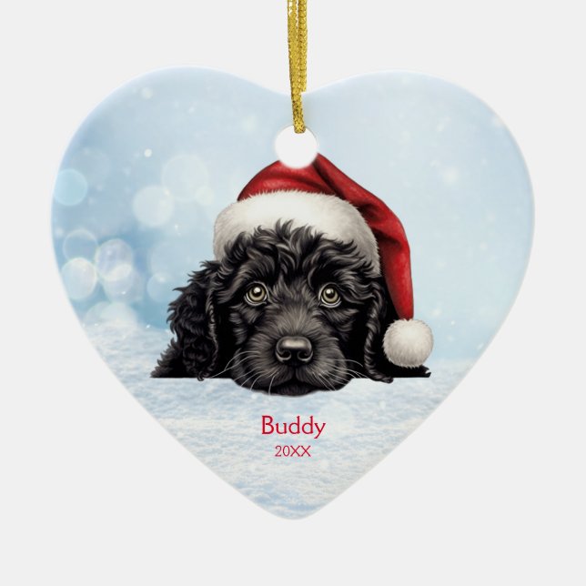 Cute Portuguese Water Dog Santa Hat Personalised  Ceramic Tree Decoration (Front)
