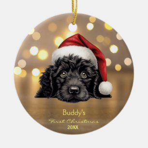 Cute Portuguese Water Dog Santa Hat Personalised  Ceramic Tree Decoration