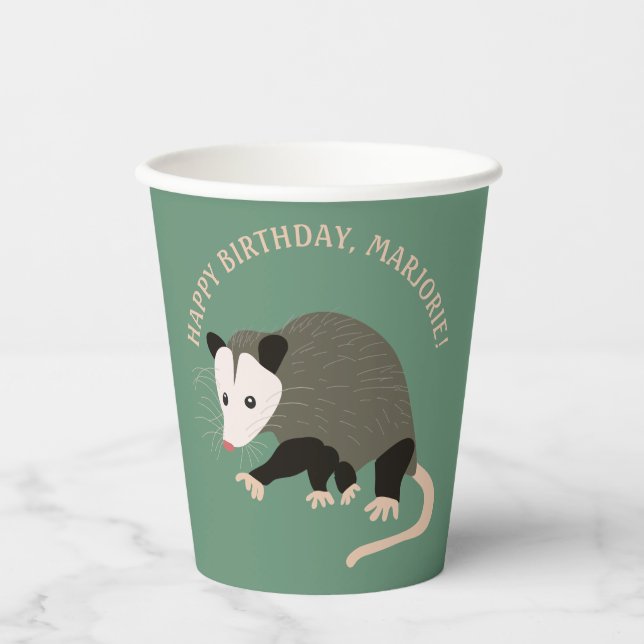 Cute Possum Illustration Light Green Personalised Paper Cups (Front)