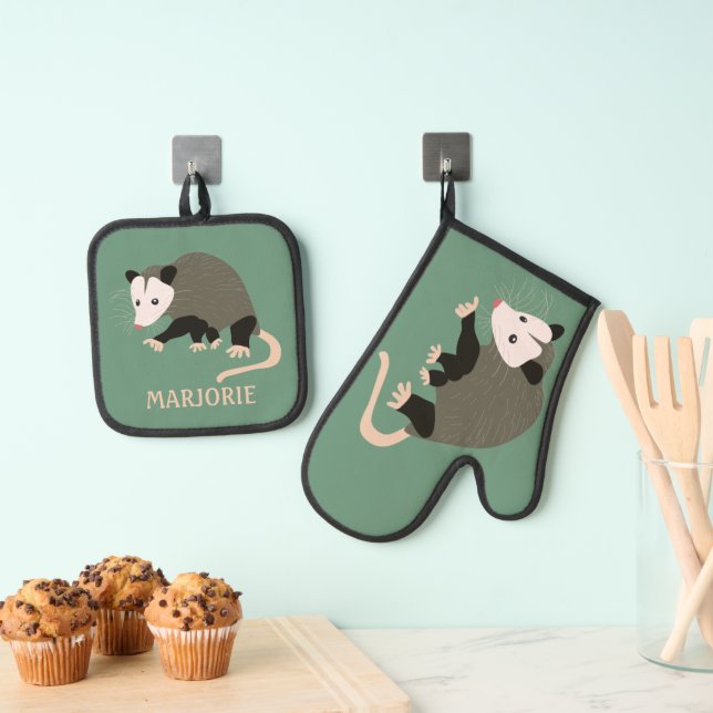 Cute Possum on Green Personalised Oven Mitt & Pot Holder Set (Insitu(Hanging))