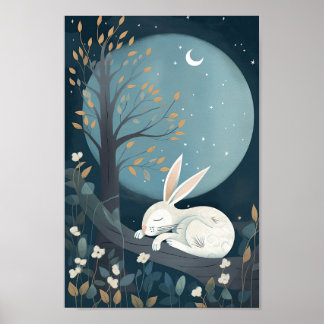 Cute poster of a rabbit sleeping under the Moon
