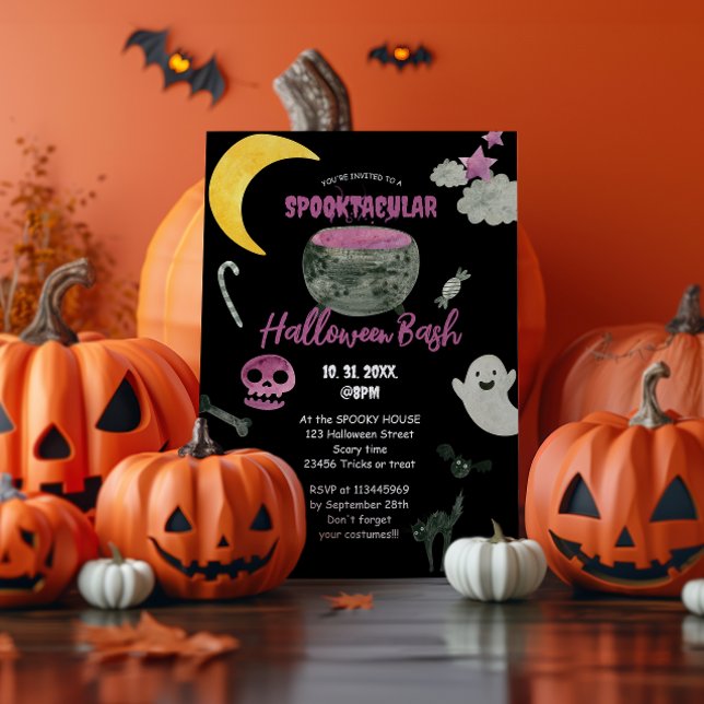 Cute Pot Purple Watercolor Halloween Bash Invitation (Creator Uploaded)