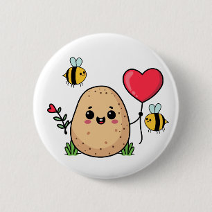 Cute Potato. Red Heart Balloon and Kawaii Bees 6 Cm Round Badge