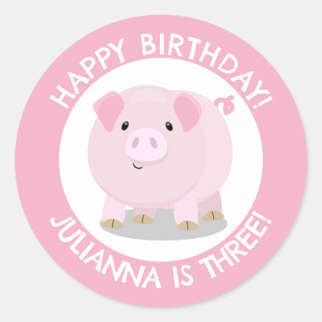 Cute potbelly pig cartoon personalised birthday classic round sticker (Front)