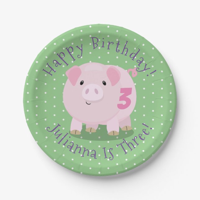 Cute potbelly pig cartoon personalised birthday paper plate (Front)
