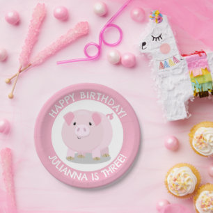 Cute potbelly pig cartoon personalized birthday paper plate