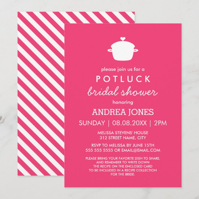 Cute Potluck Bridal Shower | Hot Pink White Invitation (Front/Back)