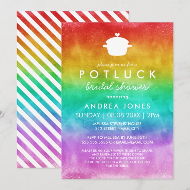 Cute Potluck Lesbian Bridal Shower | Rainbow Ombre Invitation (Front/Back)