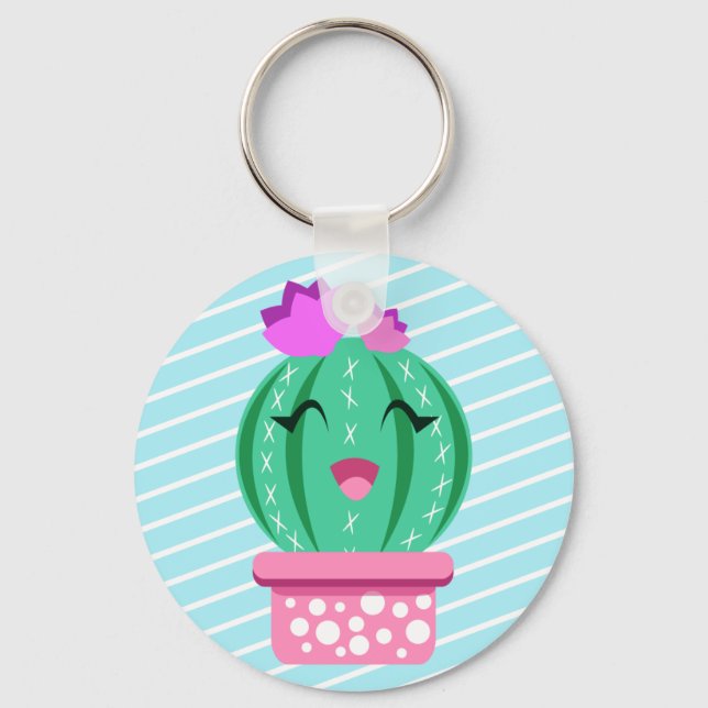 Cute Potted Kawaii Round Cactus Key Ring (Front)