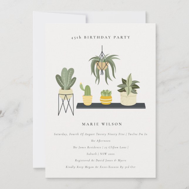Cute Potted Leafy Succulent Plant Any Age Birthday Invitation (Front)