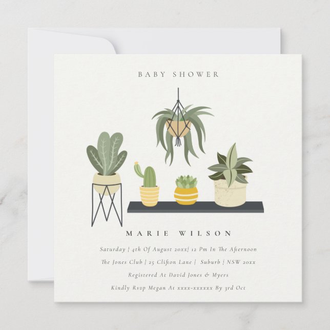  Cute Potted Leafy Succulent Plants Baby Shower Invitation (Front)