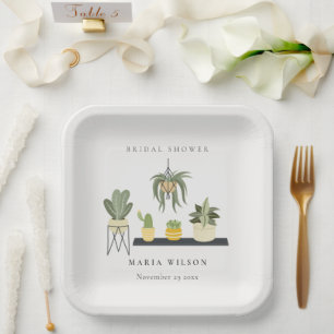 Cute Potted Leafy Succulent Plants Bridal Shower Paper Plate