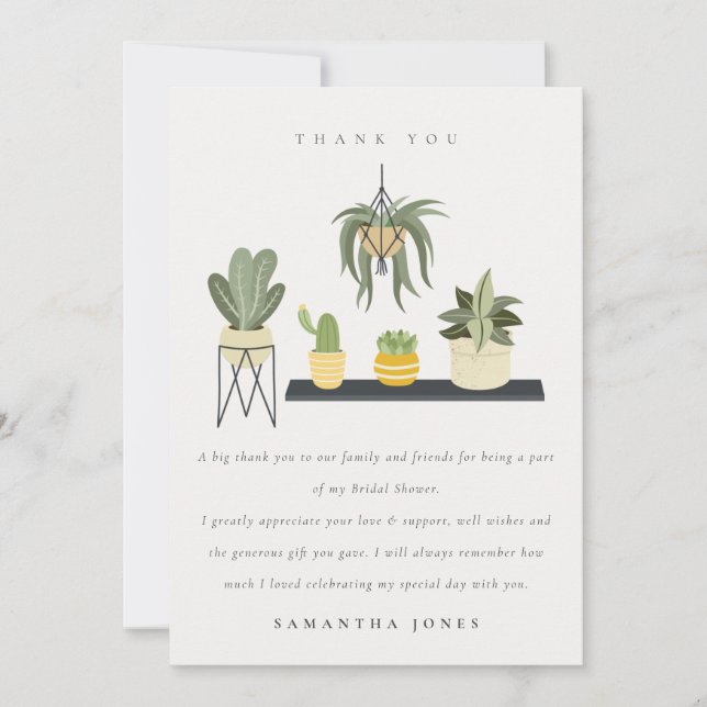 Cute Potted Leafy Succulent Plants Bridal Shower Thank You Card (Front)
