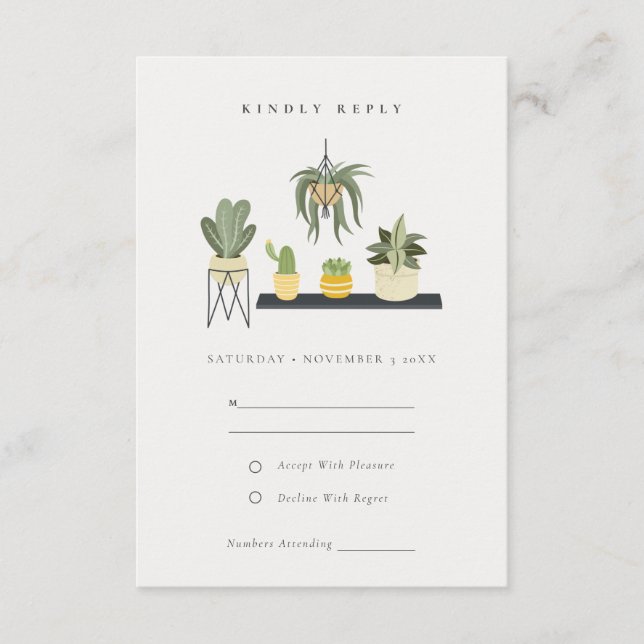 Cute Potted Leafy Succulent Plants Wedding RSVP Enclosure Card (Front)