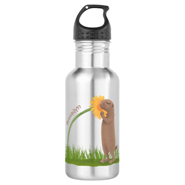 Cute prairie dog sniffing flower cartoon 532 ml water bottle (Front)