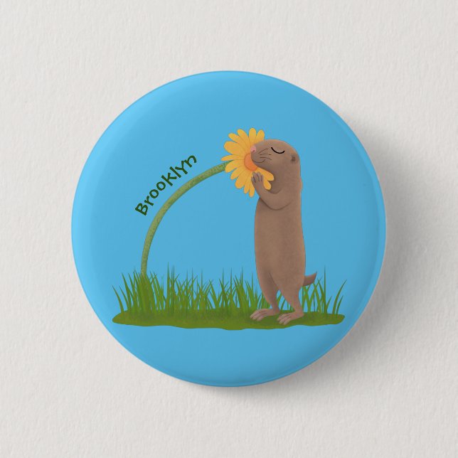 Cute prairie dog sniffing flower cartoon 6 cm round badge (Front)
