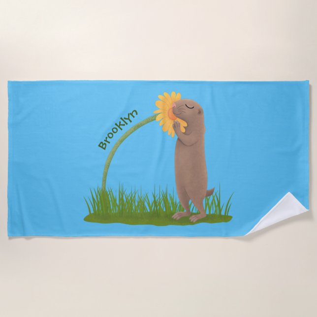 Cute prairie dog sniffing flower cartoon beach towel (Front)