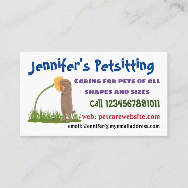 Cute prairie dog sniffing flower cartoon business card (Front)