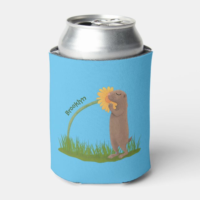 Cute prairie dog sniffing flower cartoon can cooler (Can Front)
