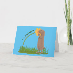 Cute prairie dog sniffing flower cartoon card