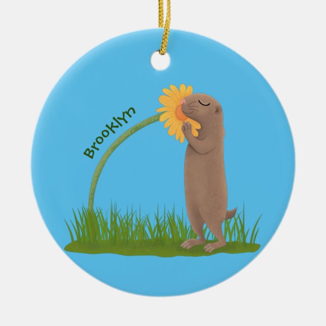 Cute prairie dog sniffing flower cartoon ceramic tree decoration (Front)