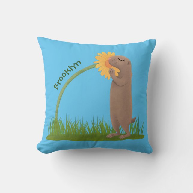 Cute prairie dog sniffing flower cartoon cushion (Front)